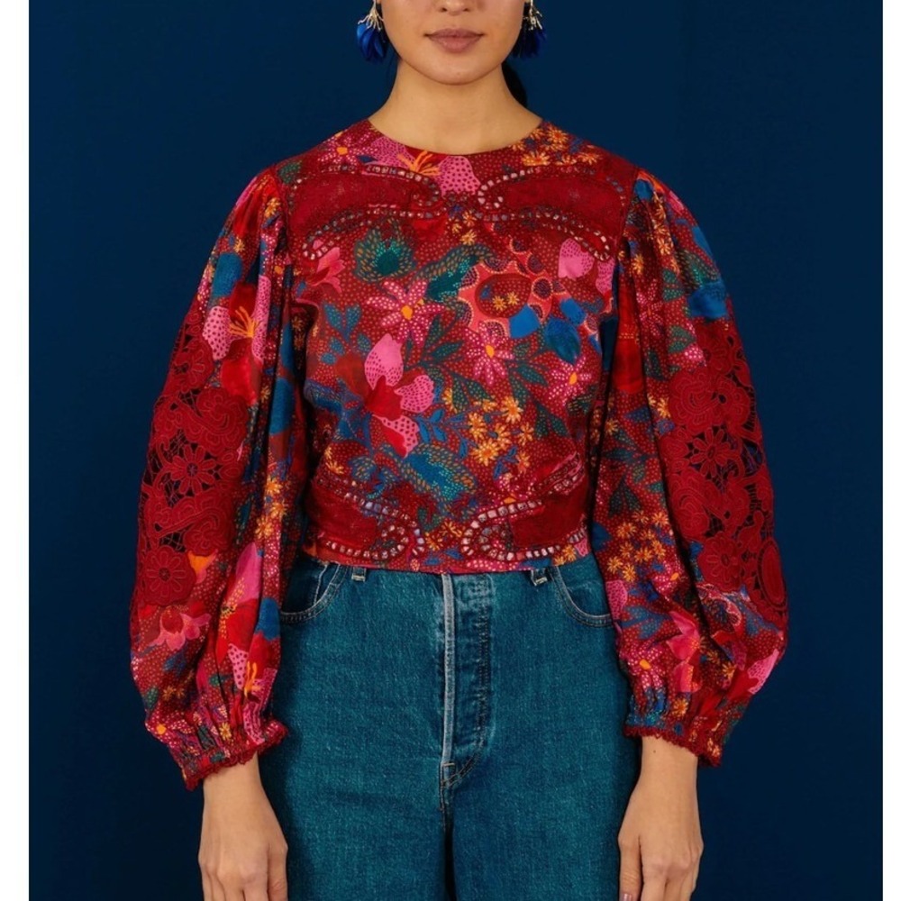 Farm Rio Garden Red Wildlife Blouse XL 100% Cotton Puffed Long Sleeve Lace Fall